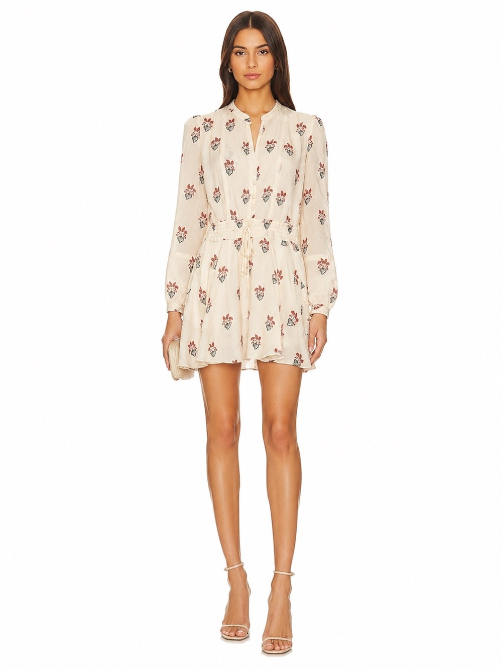 A.L.C. Silk Cream Floral Long-Sleeve Mini Dress